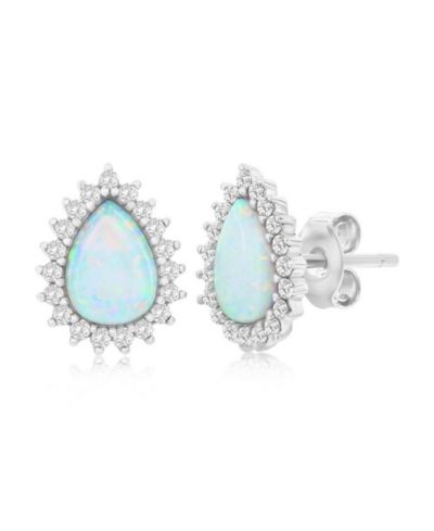 Sterling Synthetic Opal Pear-shaped, CZ Border Earrings
