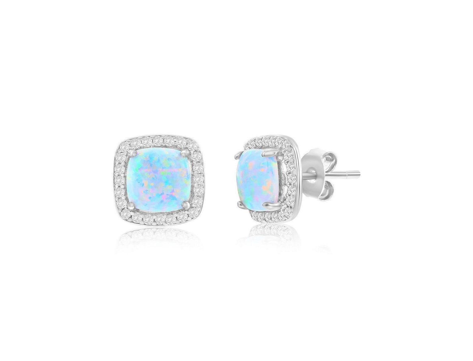 Sterling , Synthetic Opal Square Halo, CZ Border Earrings