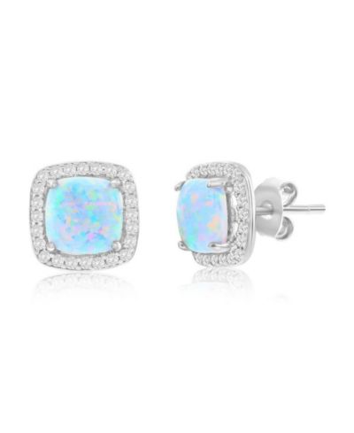 Sterling , Synthetic Opal Square Halo, CZ Border Earrings
