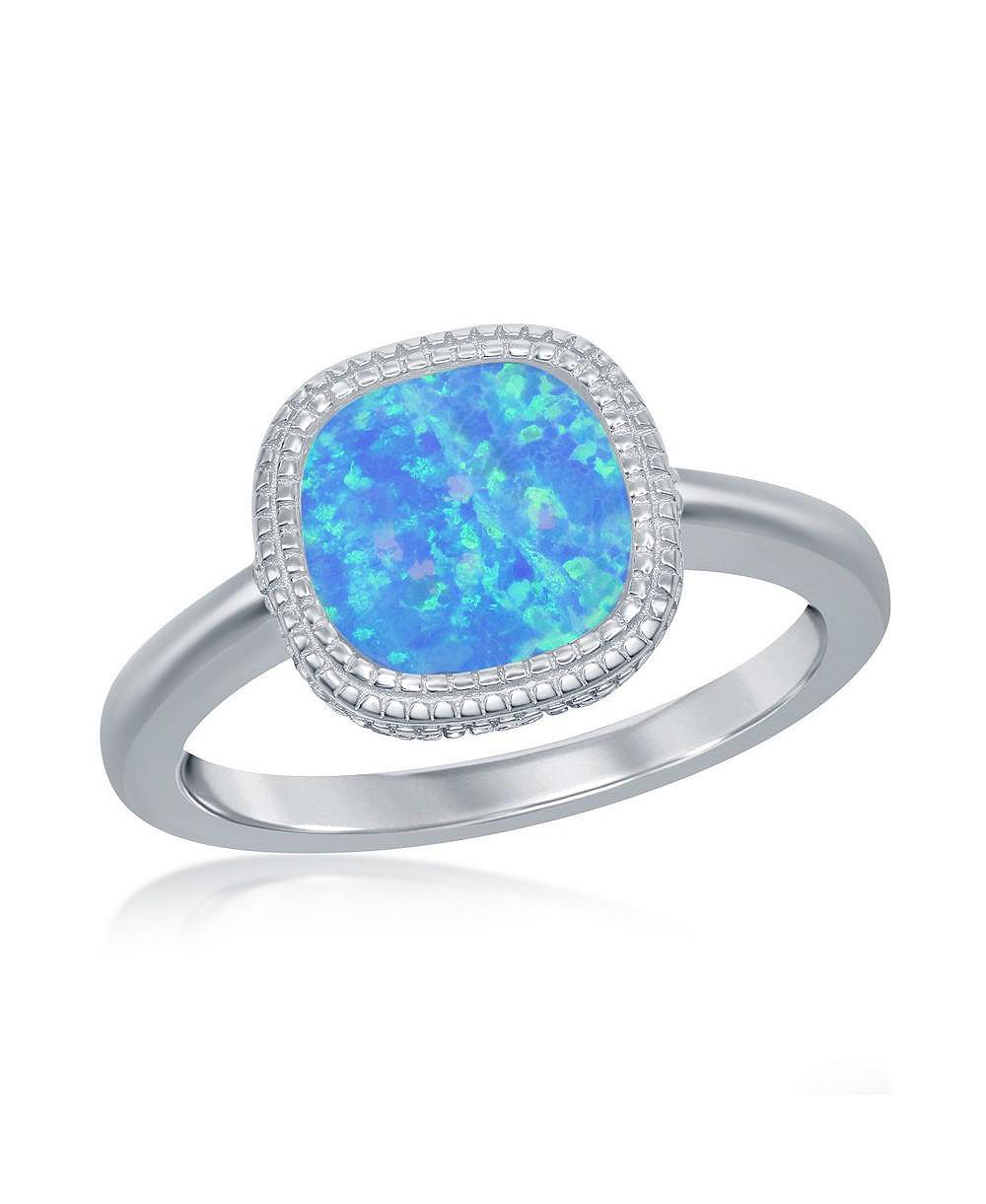 Sterling Silver Square Blue Inlay Synthetic Opal Ring