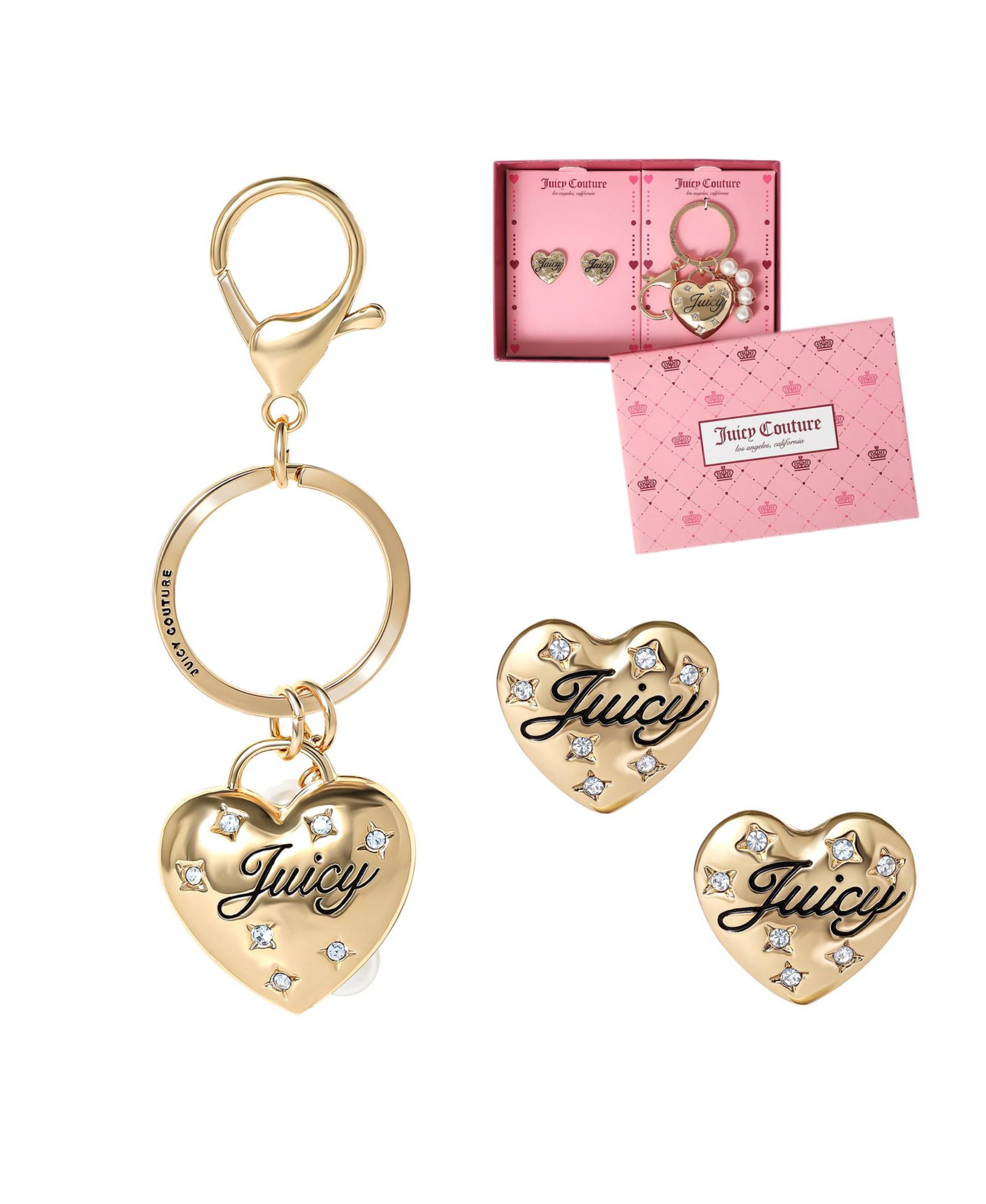 Juicy Couture Heart Keychain & Earring Set with Crystal Accent