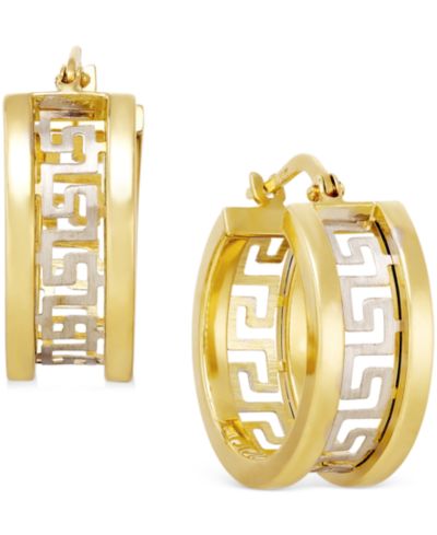 Italian Gold Двухцветные серьги-кольца Greek Key из золота 14k