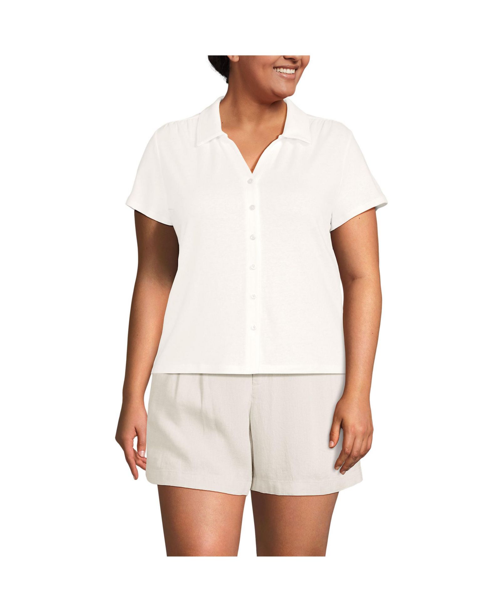 Lands' End Women's Plus Size Linen Blend Short Sleeve Button Front Polo Top