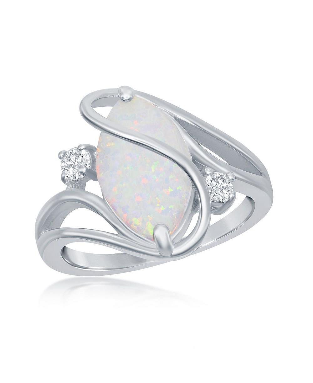 Sterling Silver White Inlay Synthetic Opal Oval Twist With CZ Ring