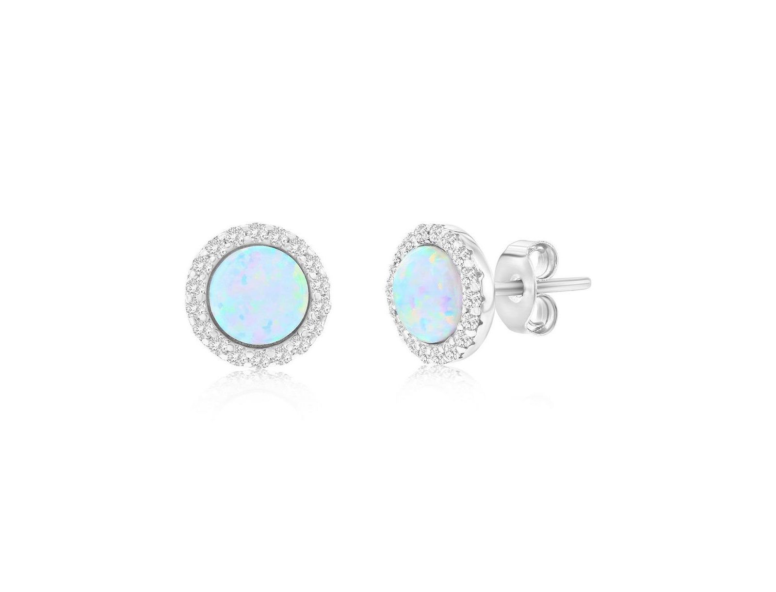Sterling Synthetic Opal Round Halo, CZ Border Earrings