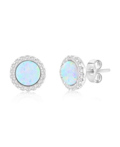 Sterling Synthetic Opal Round Halo, CZ Border Earrings