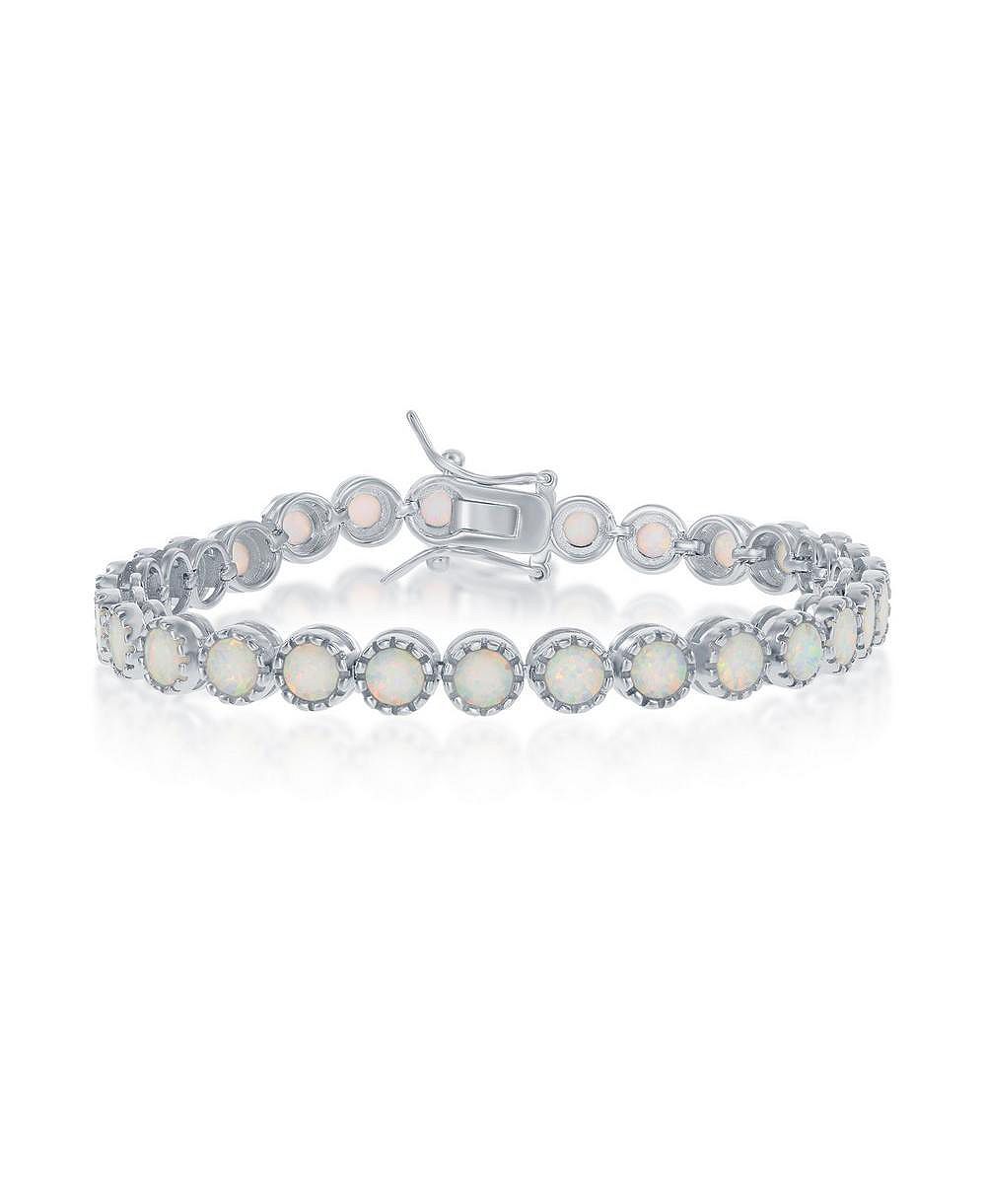 Sterling Round Synthetic Opal With Beaded Border Tennis Bracelet