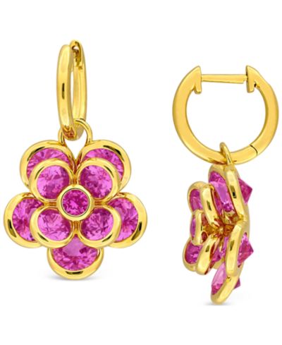 Серьги-кольца Lab Created Pink Sapphire Flower Charm в золоте 18k Gold-Flash Over Silver