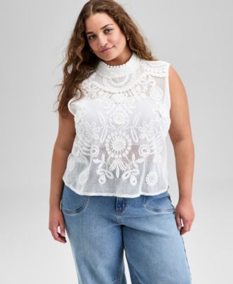 And Now This Trendy Plus Size Cotton Crochet Mock Neck Sleeveless Top, Exclusively at Macy's