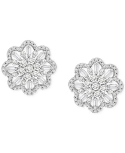 Wrapped in Love Diamond Round & Baguette Flower Stud Earrings (1 ct. t.w.) in 14k White Gold or 14k Yellow Gold, Exclusively at Macy's