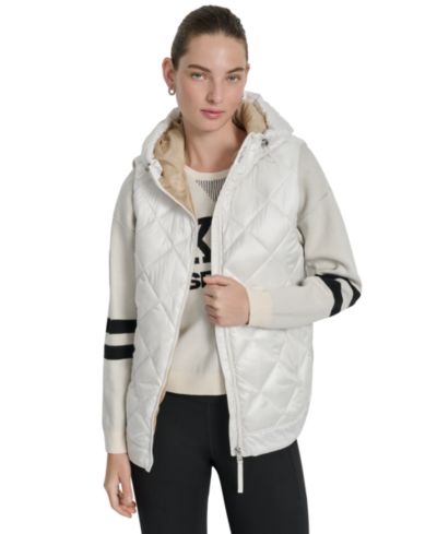 DKNY Женский стеганый жилет с капюшоном и закругленным подолом