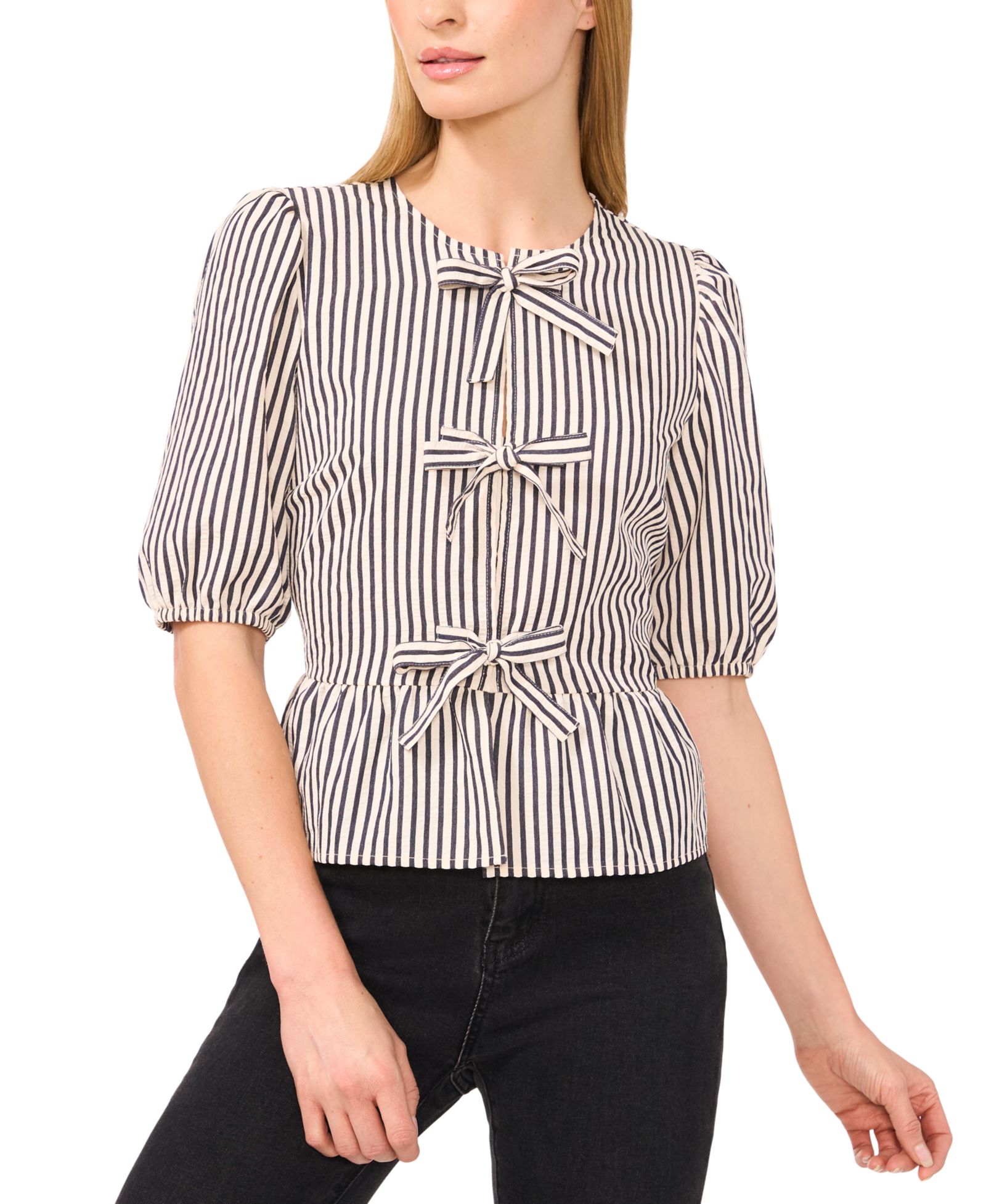 CeCe Women's Striped Puff 3/4-Sleeve Bow-Front Peplum Blouse