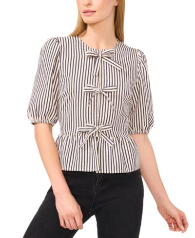CeCe Women's Striped Puff 3/4-Sleeve Bow-Front Peplum Blouse