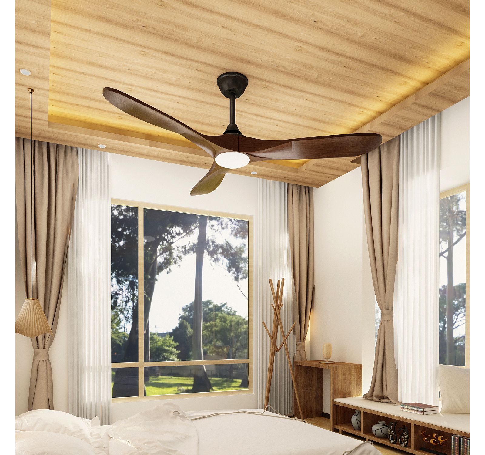 60 inch lighted ceiling fan, with remote control, reversible DC motor, noiseless,solid wood, natural