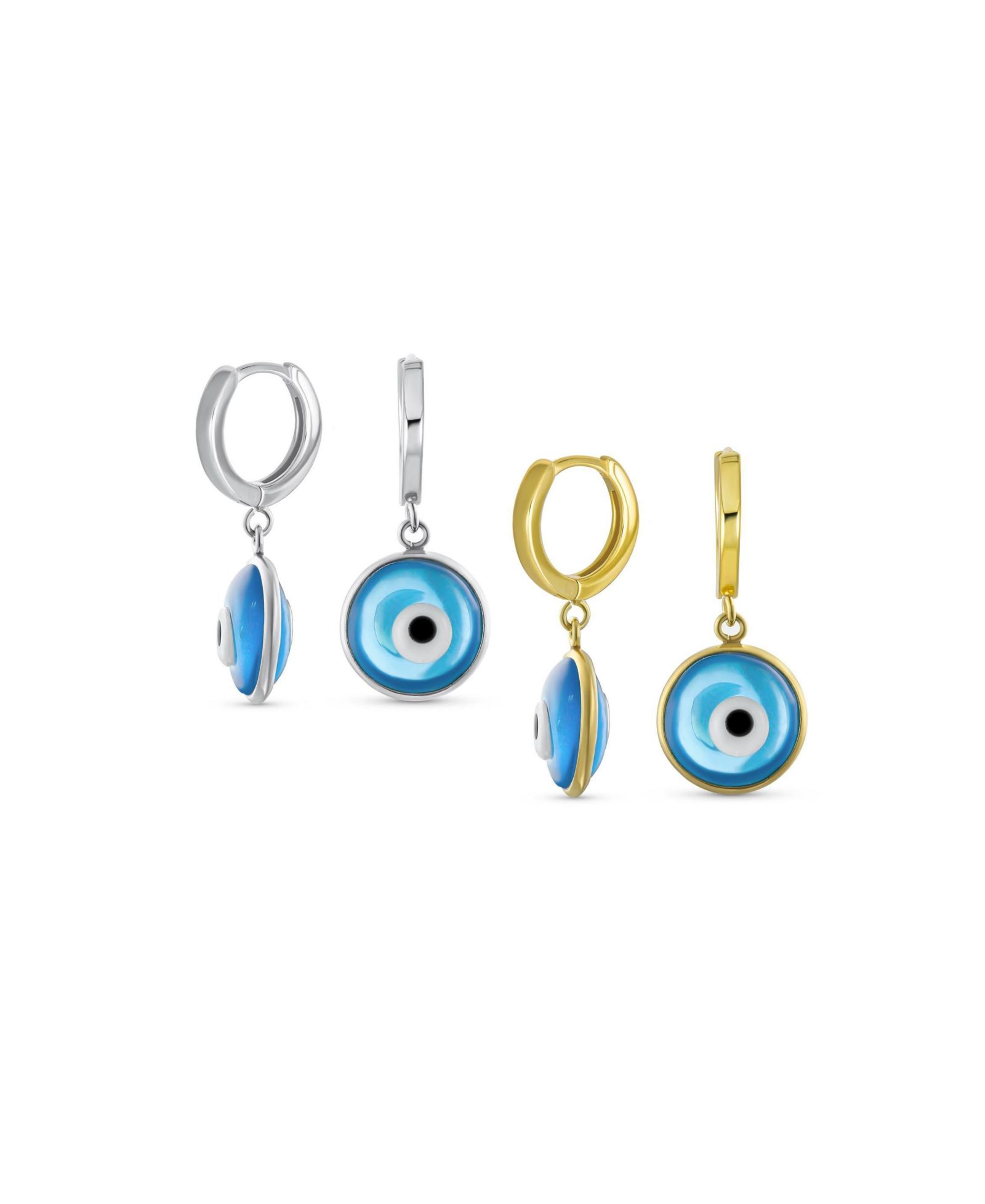 Bling Jewelry Blue Evil Eye Huggie Drop Earrings Gold Plated and .925 Sterling Silver 2 Set