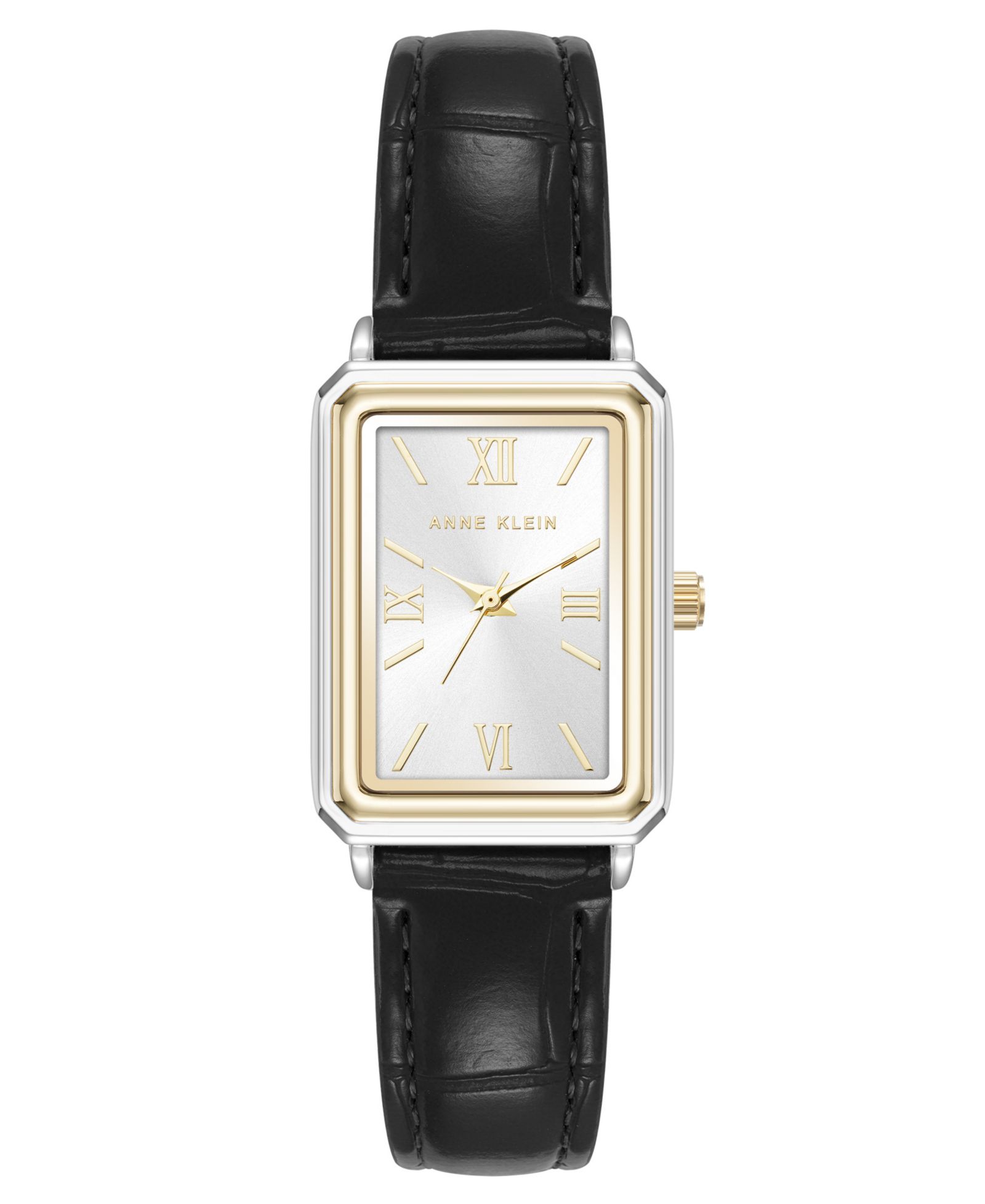 Anne Klein Women's Quartz Casual Black Polyurethane Leather and Two-Tone Metal Alloy Watch, 25mm
