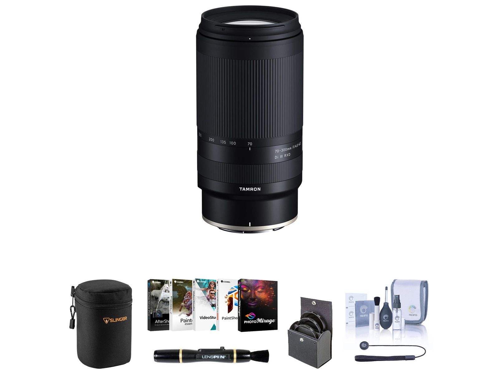 Объектив Tamron 70-300mm f/4.5-6.3 Di III RXD для Nikon Z, комплект с программным обеспечением Corel PC, набором фильтров 67 мм, чехлом для объектива, средством для чистки и набором для чистки