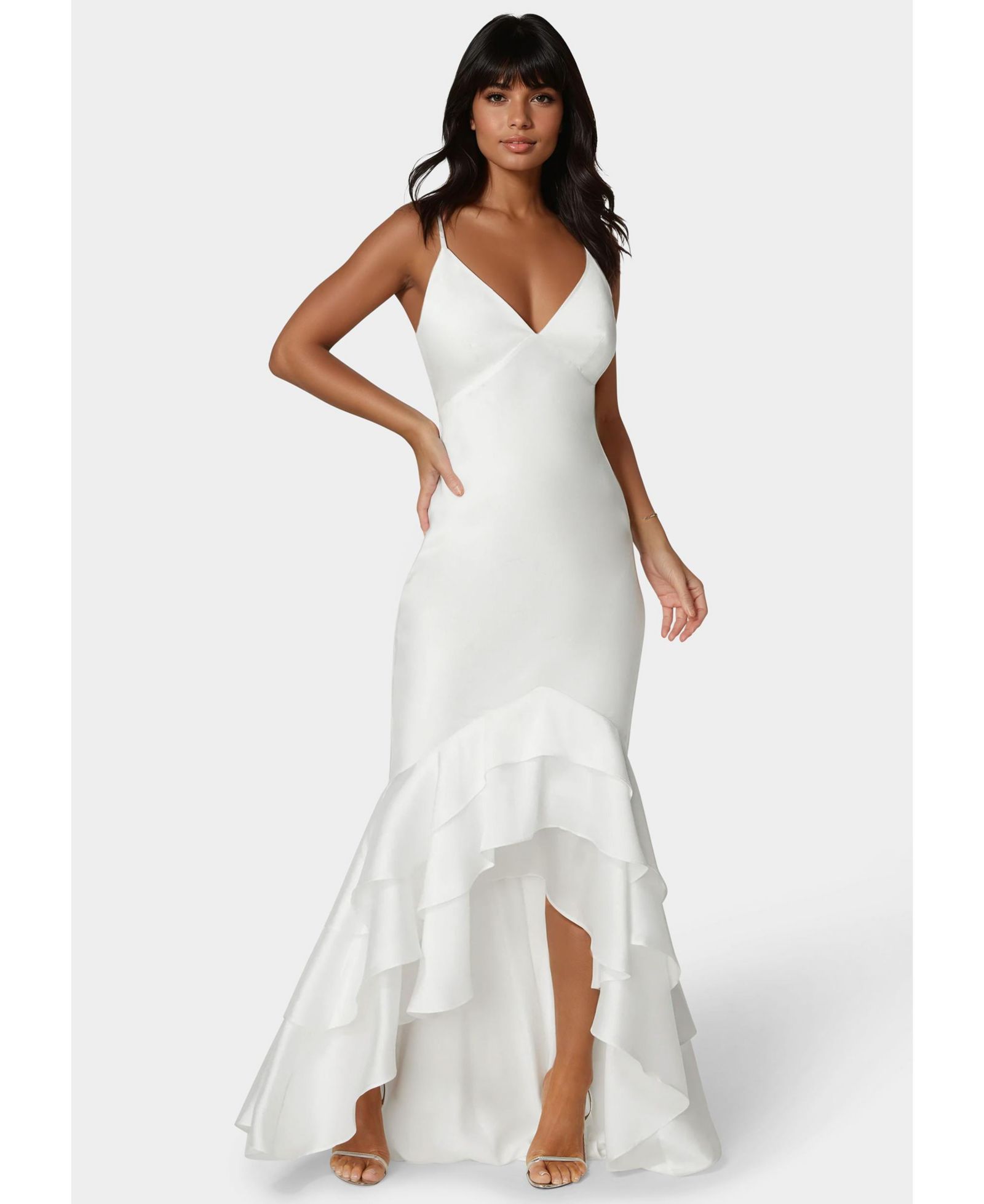 Bebe Women's Tiered Satin High Low Gown