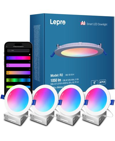 Светодиодный светильник Lepro R2 AI 6 inch LED Recessed Light Dimmable Wafer RGBCW Smart Canless Downlights 12W 1050lm 4-Pack