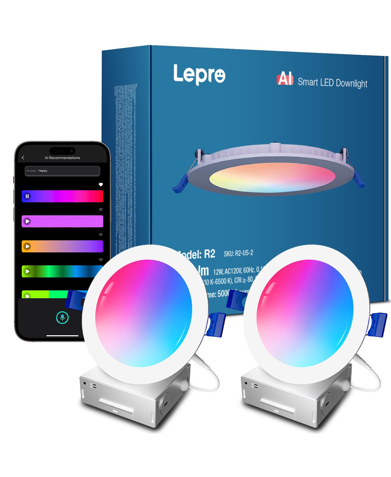 Lepro R2 AI светодиодный встраиваемый светильник, диммируемый, RGBCW, 12W 1050lm, 2 шт.