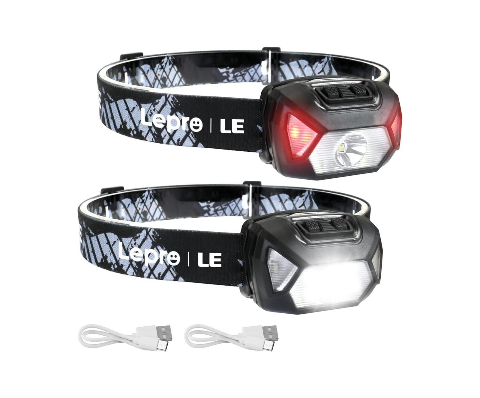Lepro High Lumen Rechargeable LED Headlight, 6 Modes Waterproof Flashlights with Adjustable Headband for Camping Hiking Biking, USB Cable Included
