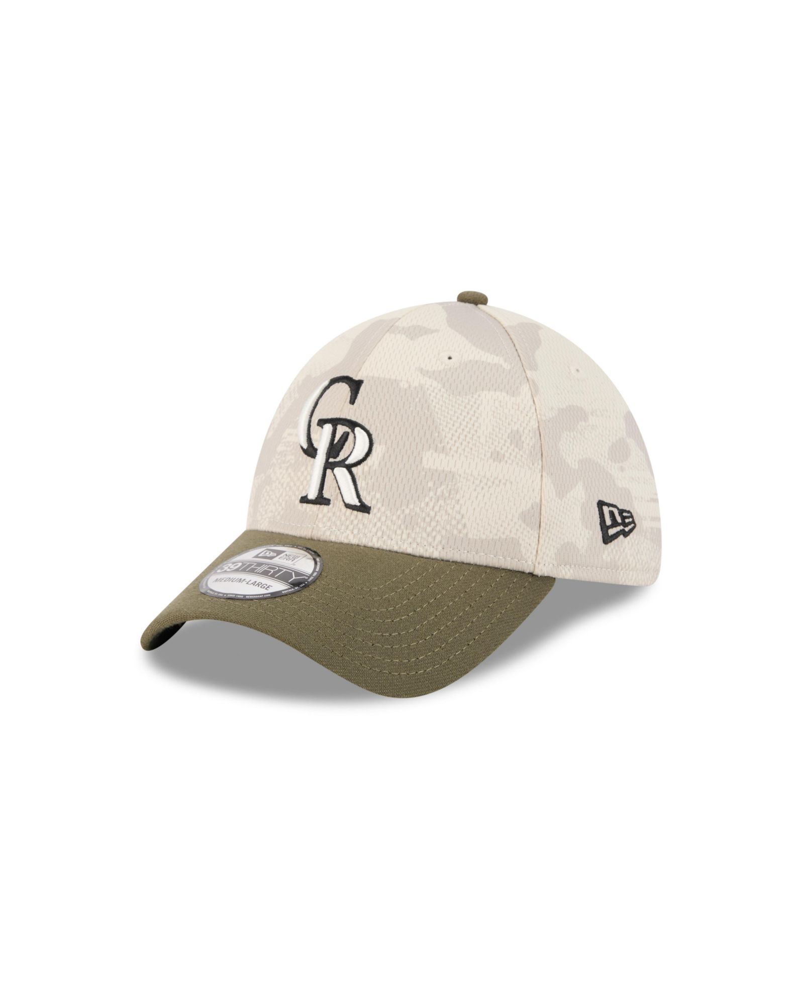 Мужская кепка New Era Colorado Rockies 2025 Armed Forces Day 39THIRTY Flex светло-бежевого цвета