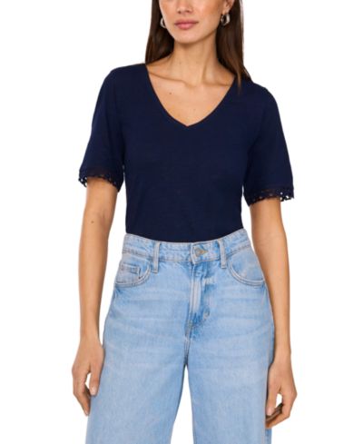 Vince Camuto Women's Cotton V-Neck Crochet-Trim Top