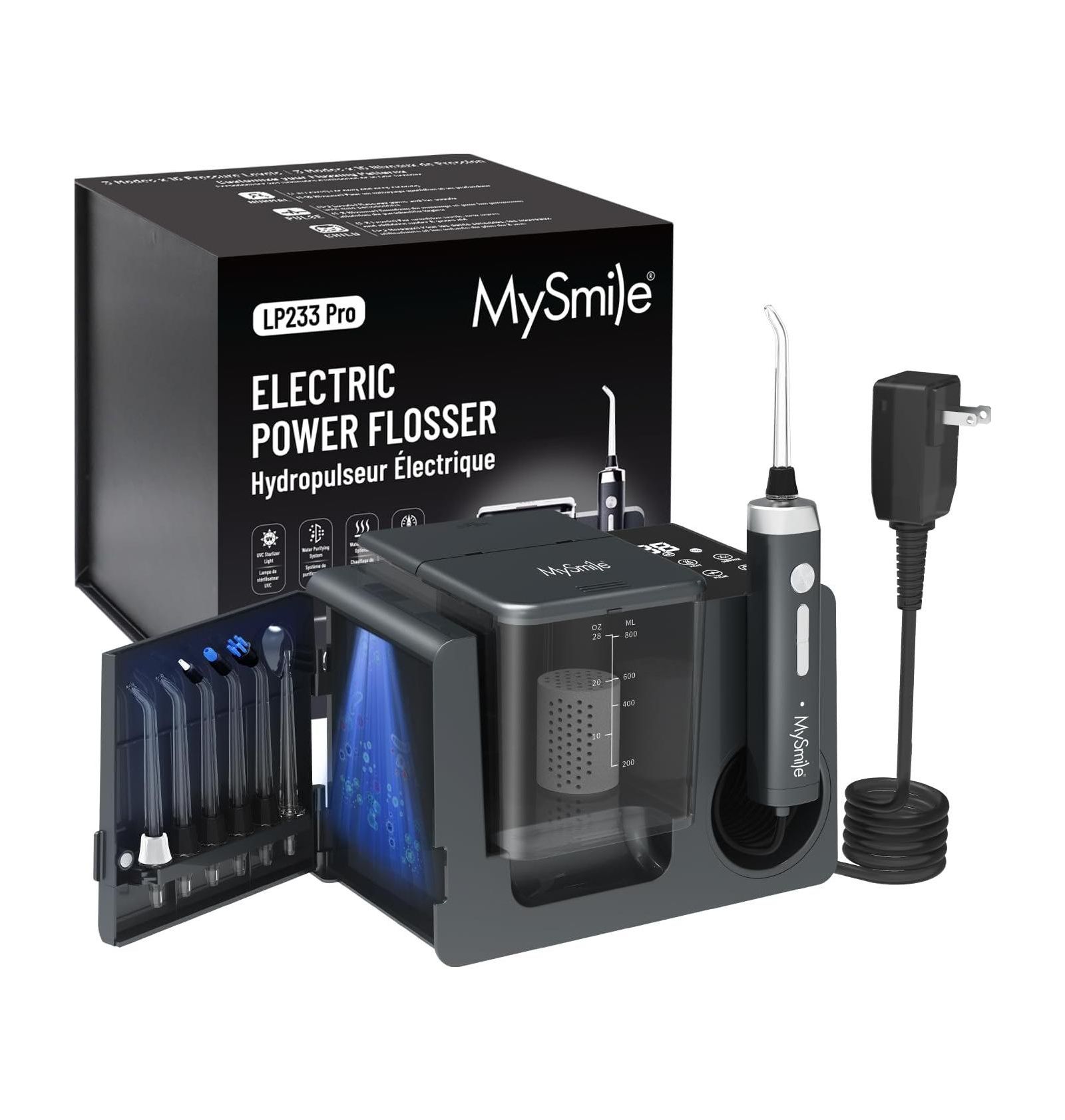 MySmile LP233 Pro UVC Sterilizable Countertop Water Flosser 800ML Tank Digital Display with a Water Filter 3 Modes and 6 Jet Tips (Lightning Silver)