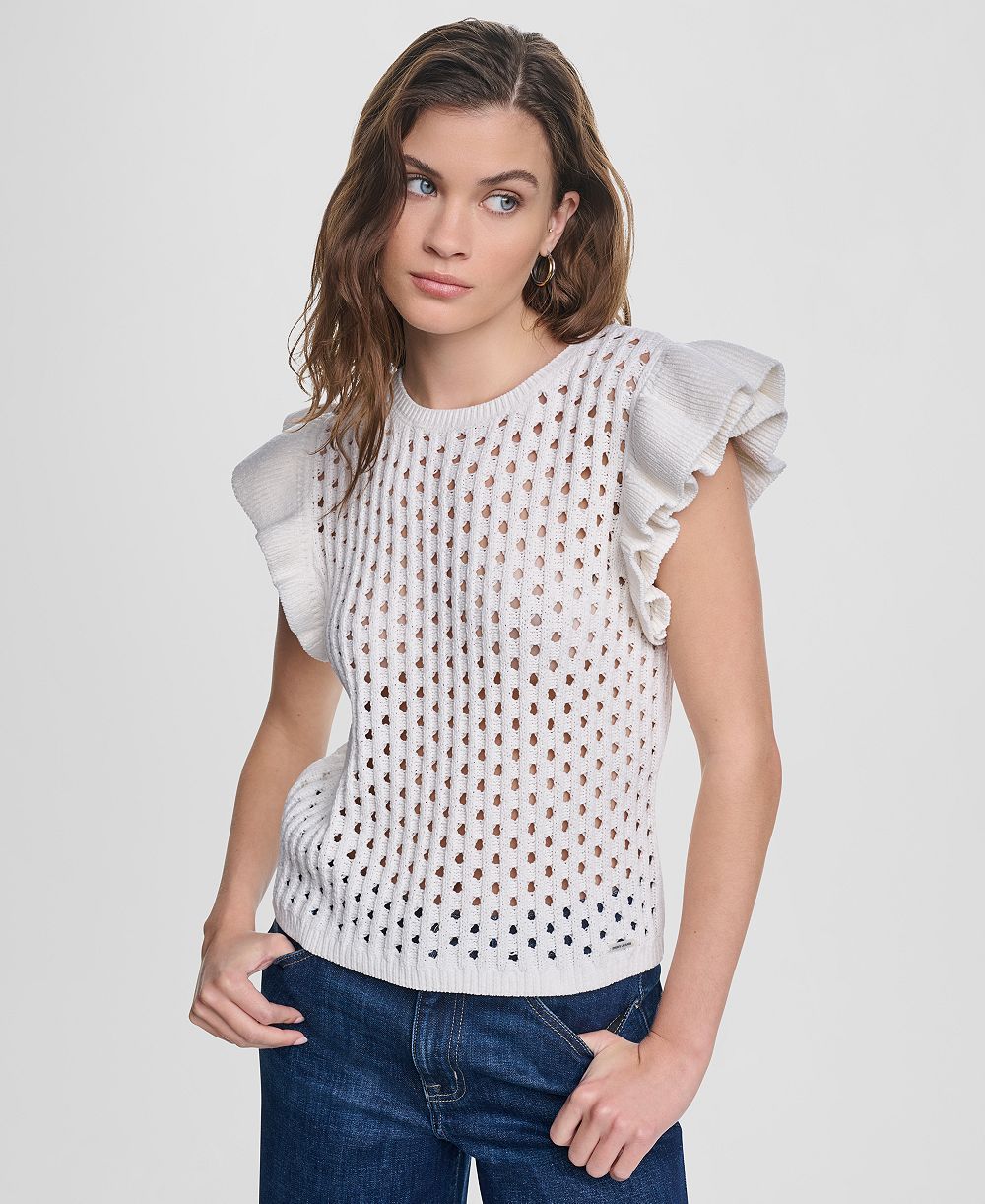 DKNY Jeans Women's Baby Chenille Pointelle Rib Flutter-Sleeve Sweater