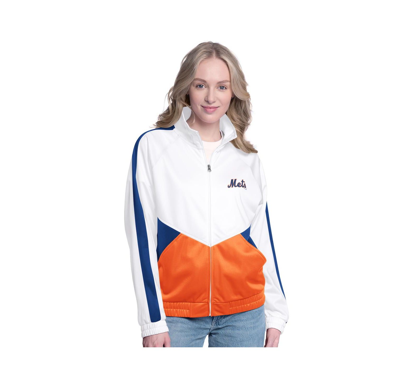 Ветровка G-III Sports by Carl Banks Women's White/Royal New York Mets Rally Rhinestone Raglan Full-Zip Track