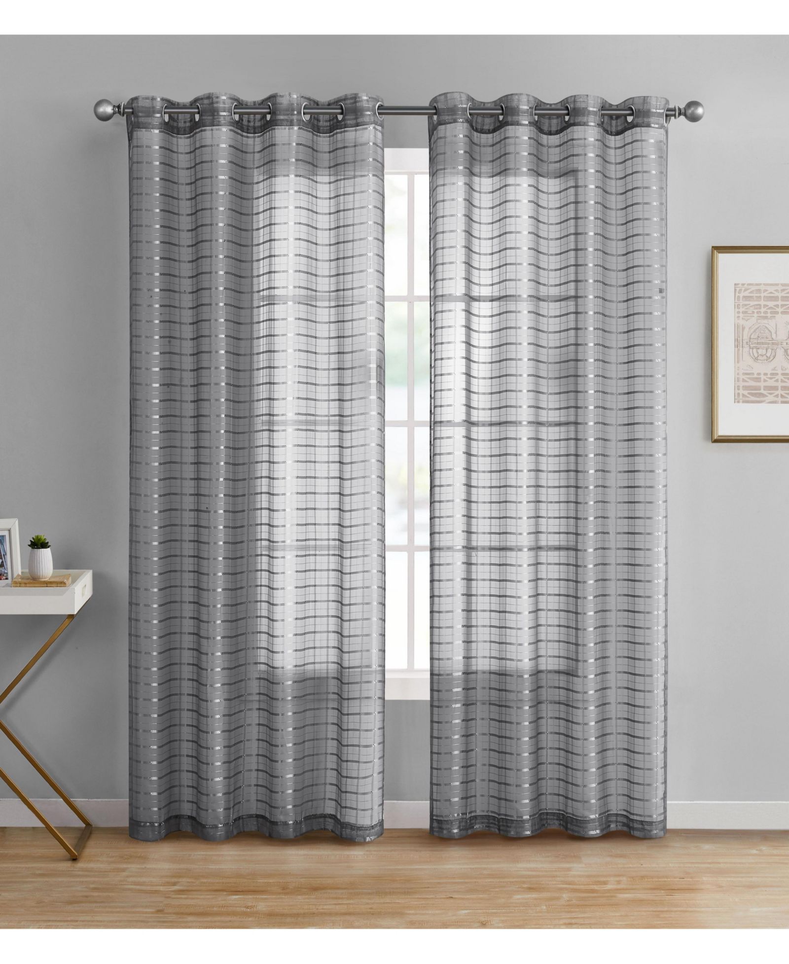 Kate Aurora 2 Piece Silver Plaid Grommet Top Sheer Window Curtain Panels