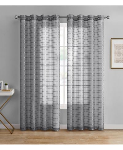 Kate Aurora 2 Piece Silver Plaid Grommet Top Sheer Window Curtain Panels