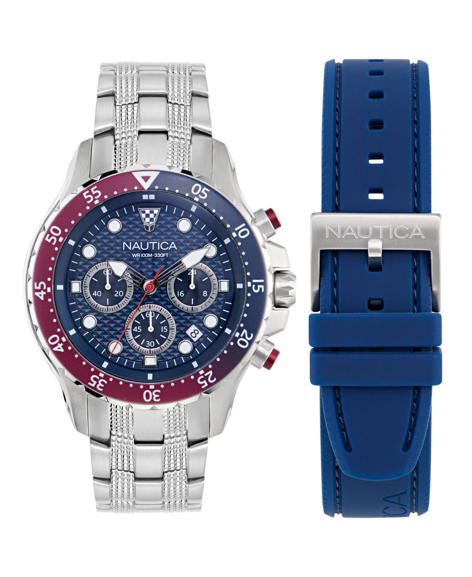 Набор часов Nautica Men's Chronograph Silver-Tone Stainless Steel, 44mm