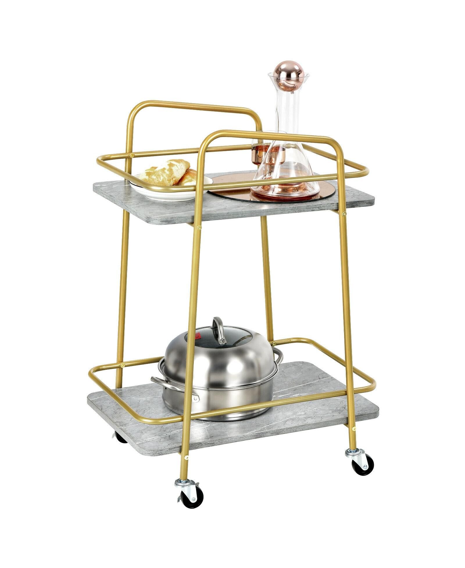 2-tier Kitchen Rolling Cart with Steel Frame and Lockable Casters