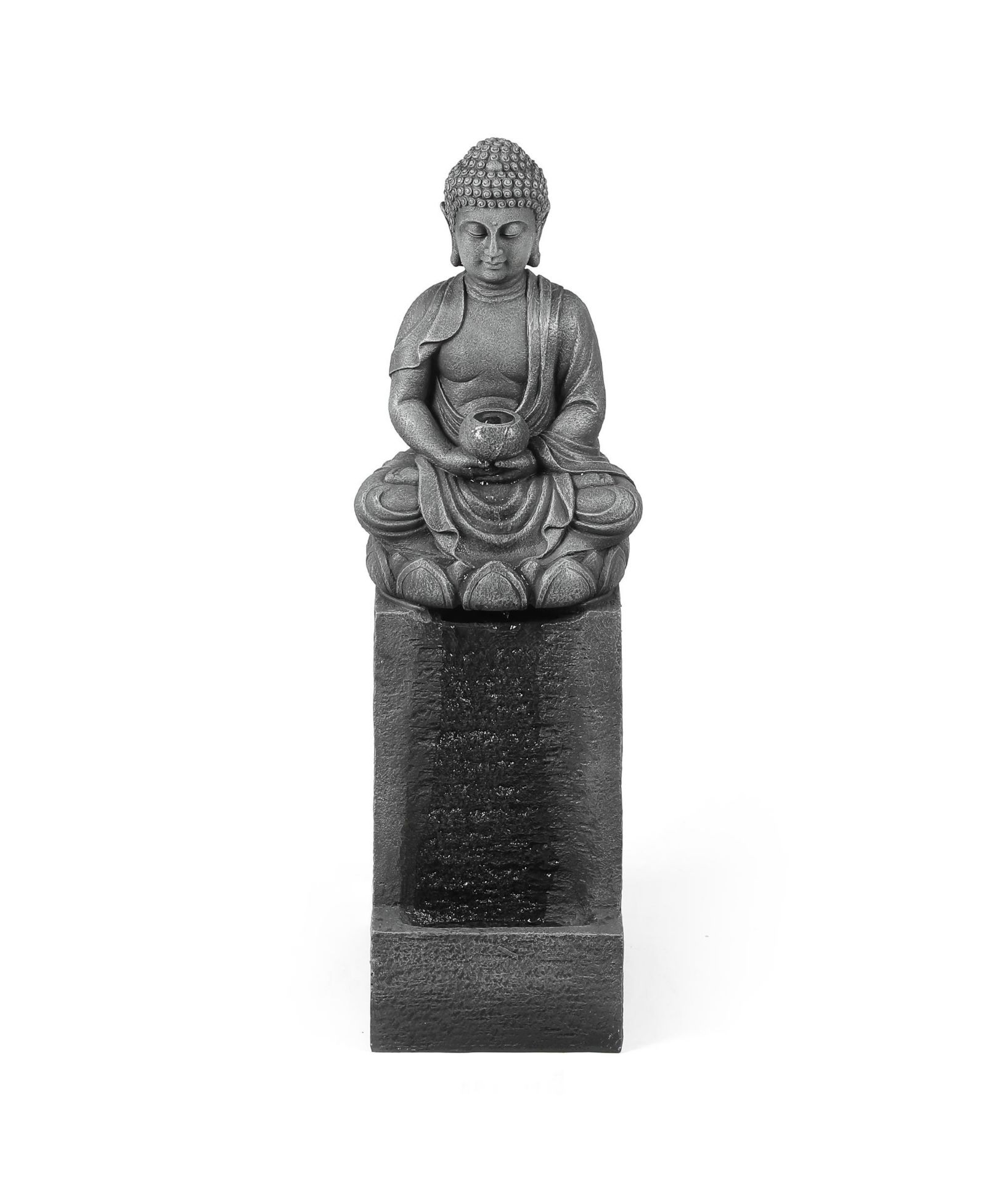 LuxenHome Resin Meditating Buddha on Column Lighted Outdoor Fountain