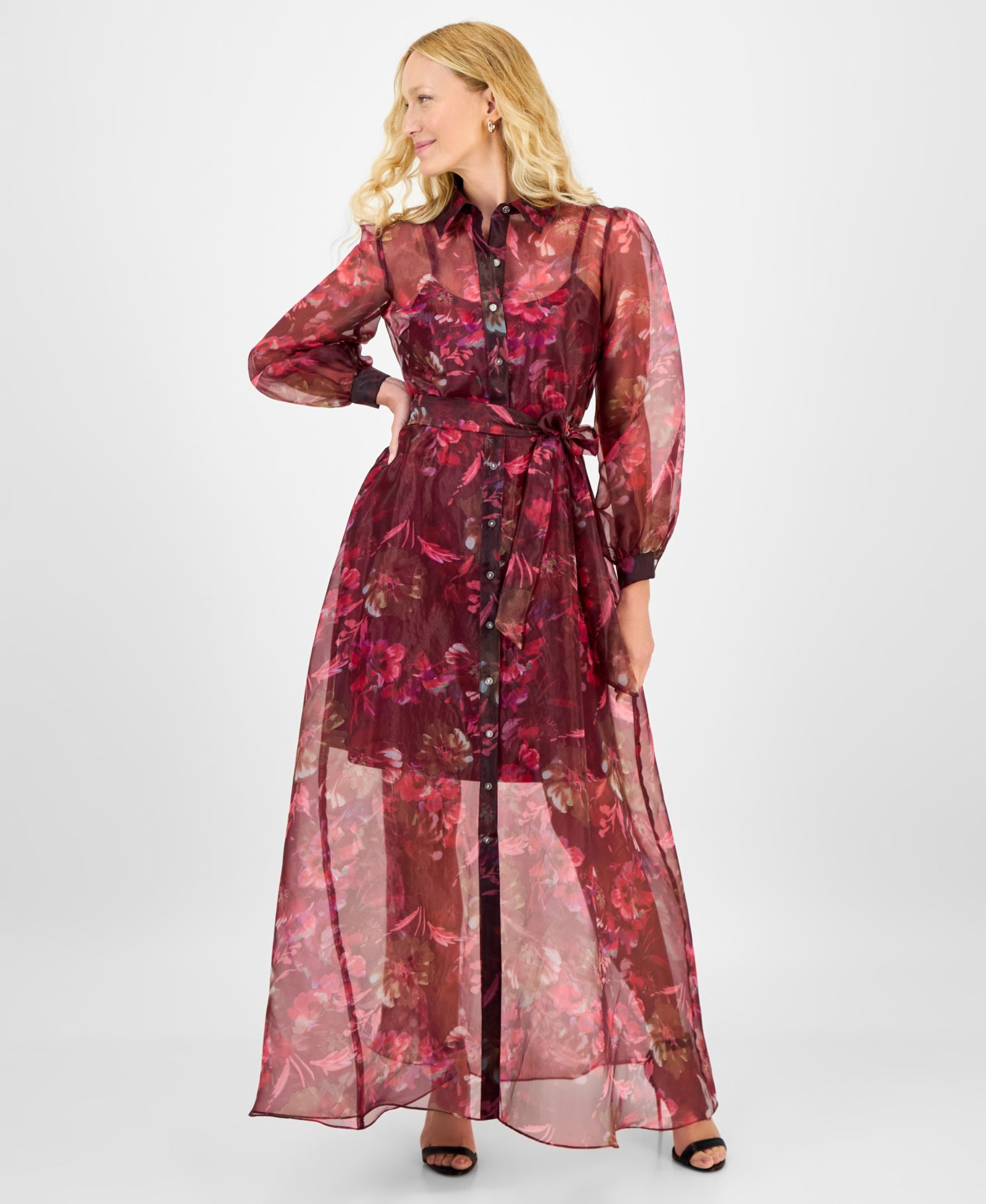Женское платье julia jordan Printed Button-Front Long-Sleeve Gown