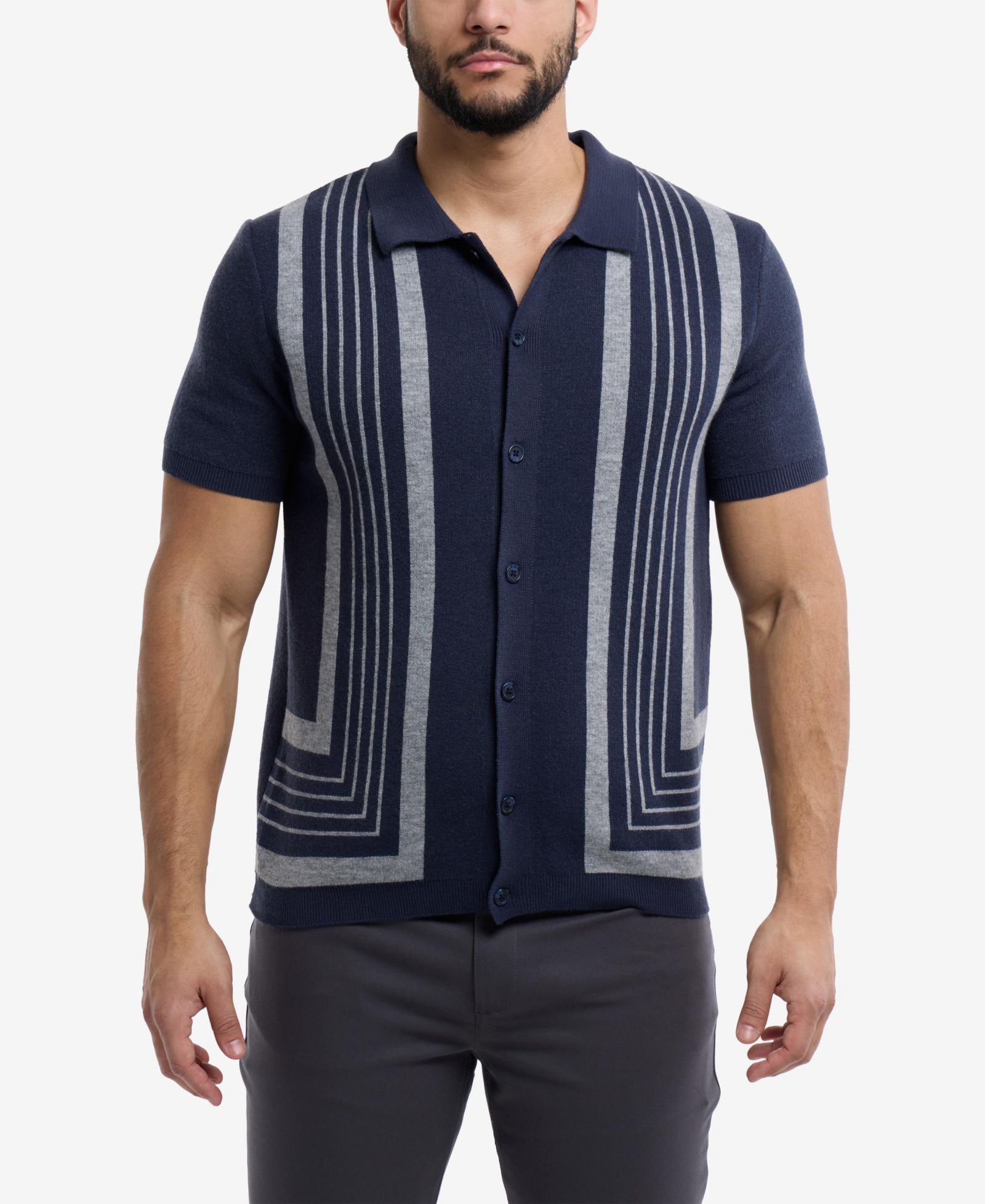 SPRING + MERCER Men's Stripe Short Sleeve Sweater Polo Shirt