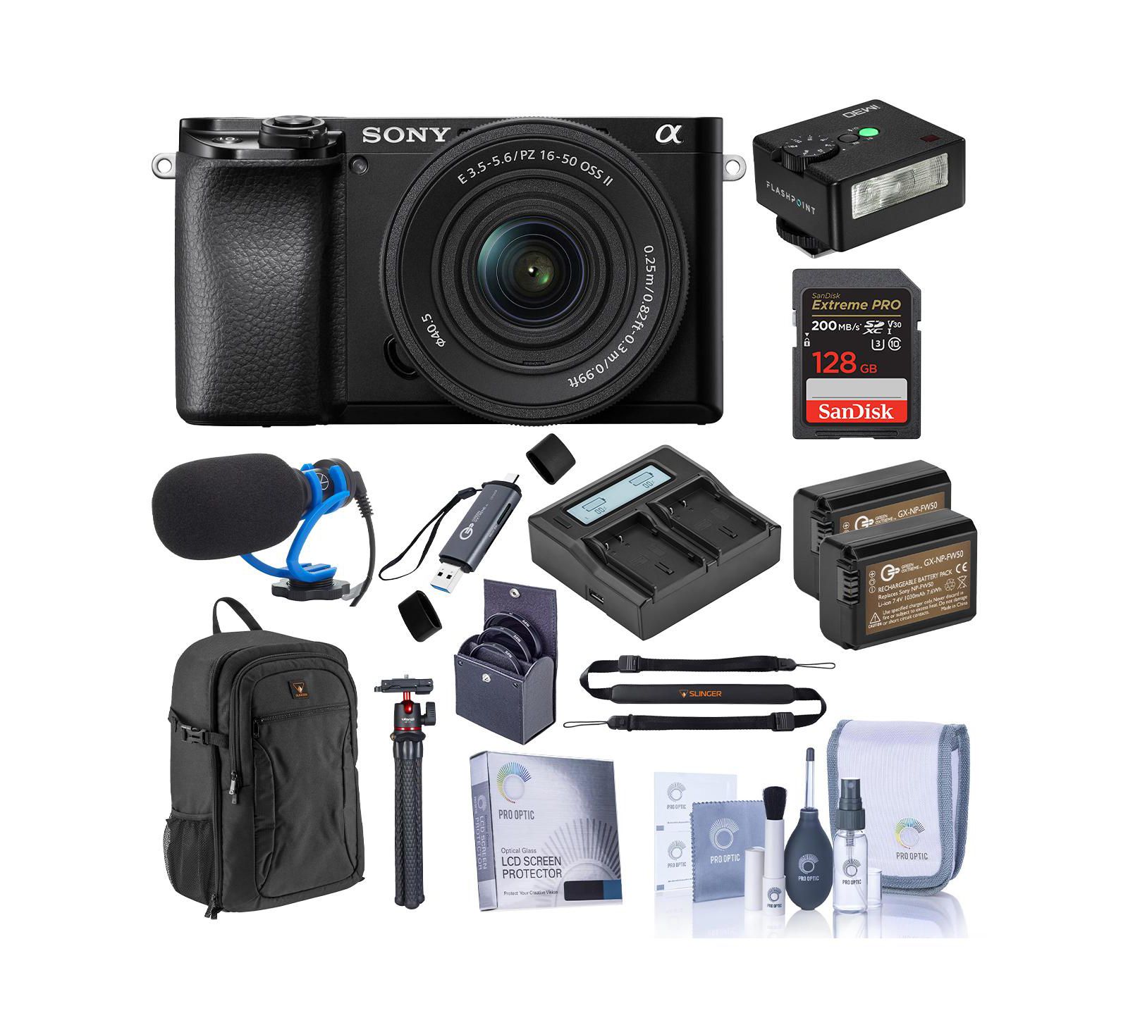 Sony Alpha a6100 Camera w/16-50mm f/3.5-5.6 Lens, w/128GB Card, Mini Flash