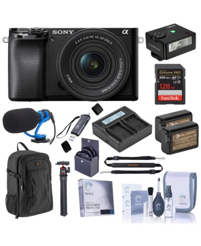 Sony Alpha a6100 Camera w/16-50mm f/3.5-5.6 Lens, w/128GB Card, Mini Flash