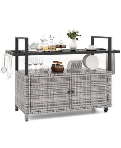 Outdoor Bar Cart Wicker Buffet Serving Cart with Cabinet and 8 Hooks