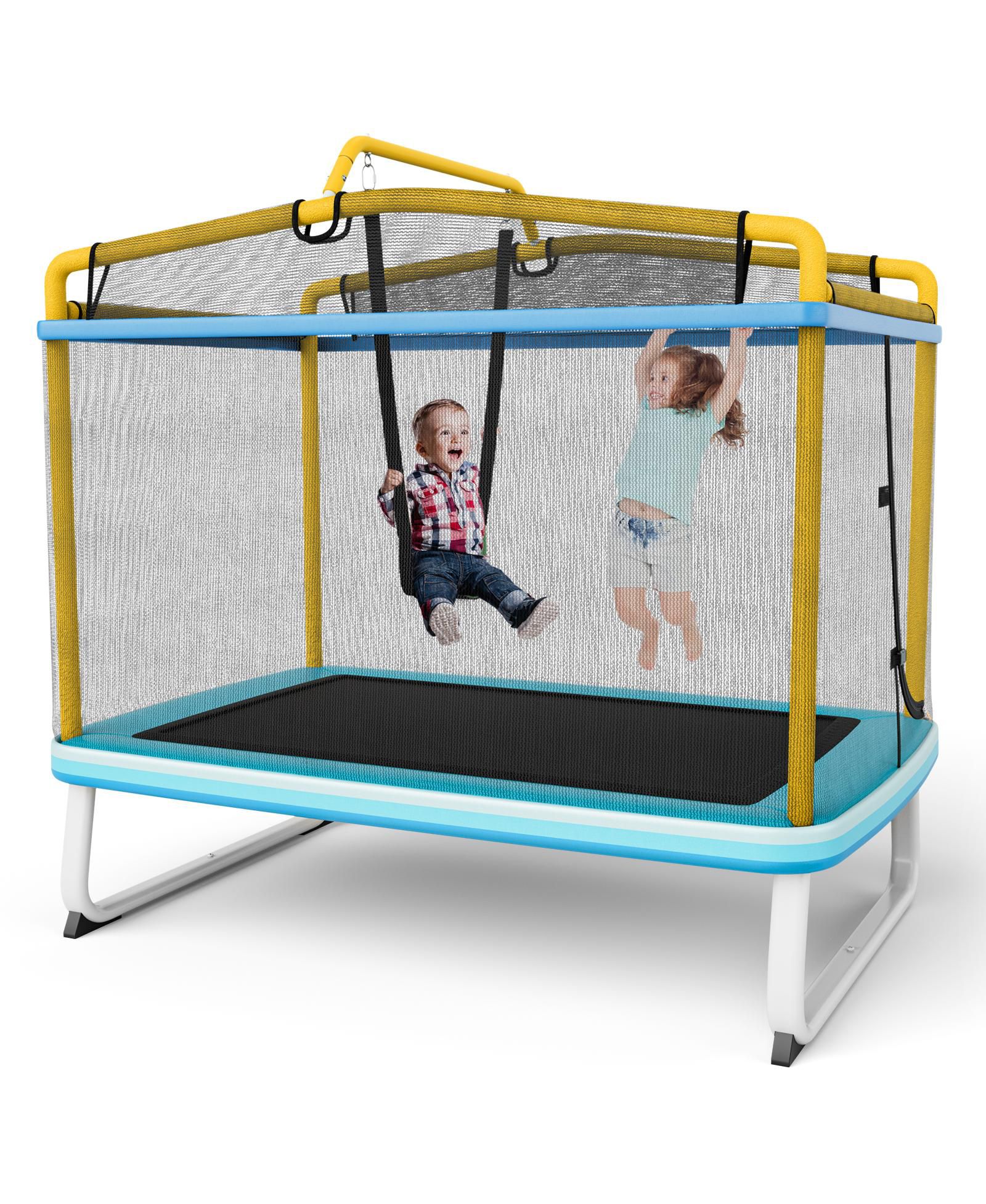 Mecale 6 Feet Rectangle Trampoline with Swing, Horizontal Bar, and Safety Net, Ages 3+