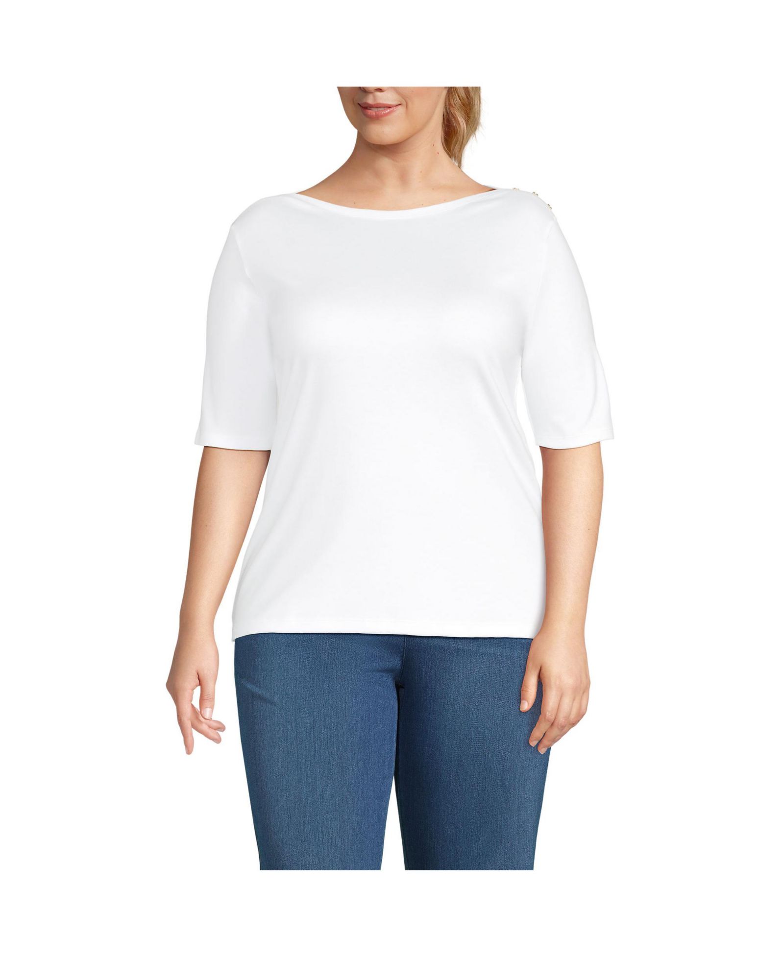 Lands' End Plus Size Supima Cotton Elbow Sleeve Boatneck Button Shoulder Tee