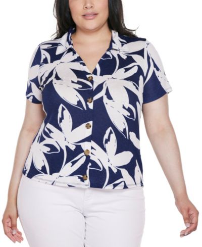Трикотажный топ Belldini Plus Size с цветочным принтом и пуговицами