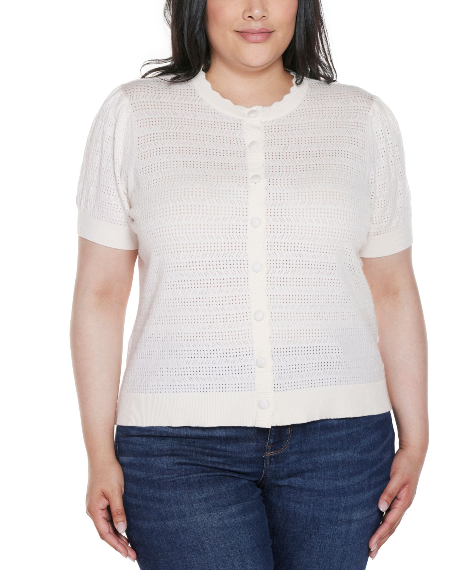 Belldini Plus Size Pointelle Scalloped-Placket Cardigan Sweater
