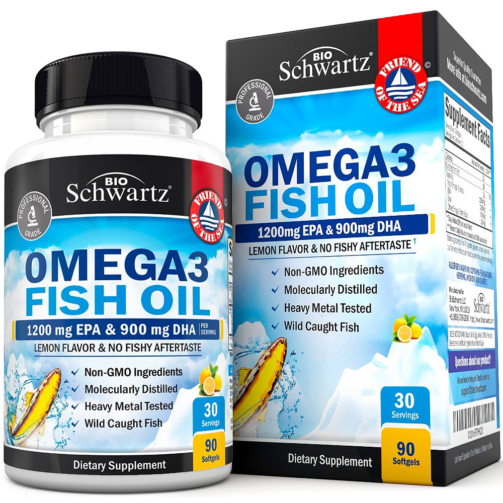 BioSchwartz Omega-3 Fish Oil 1200mg EPA & 900mg DHA Softgels, Wild-Caught, Burpless Lemon Flavor, Joint, Brain & Eye Support, 90ct