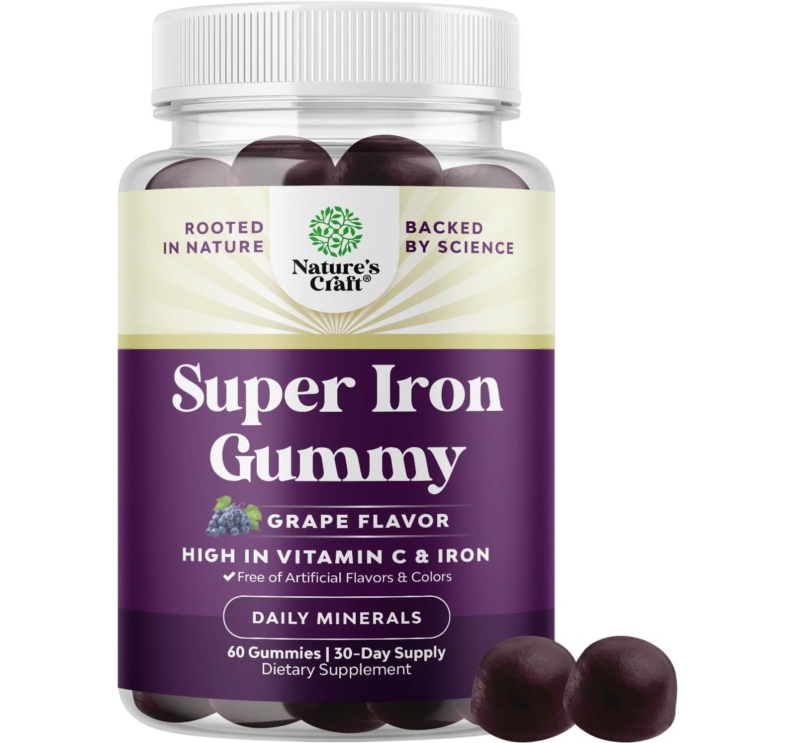 Super Iron Gummy | Chewable Iron Supplement for Women and Men with Vitamin C | Grape Flavor| 60ct
