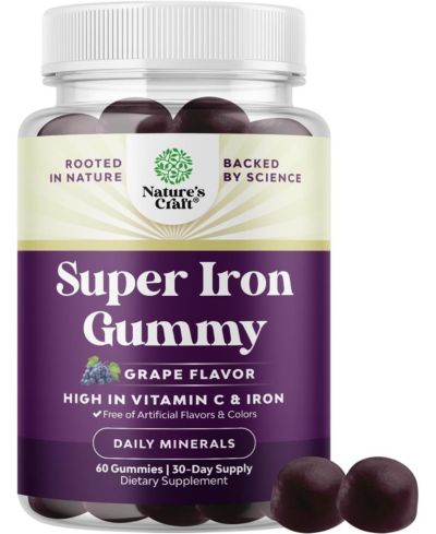 Super Iron Gummy | Chewable Iron Supplement for Women and Men with Vitamin C | Grape Flavor| 60ct