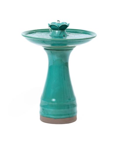 LuxenHome 22 Inch Ceramic Bird Bath Fountain, Elegant Glazed Outdoor Water Feature with Lotus Design, Freestanding Waterfall Birdbath Water Fountain
