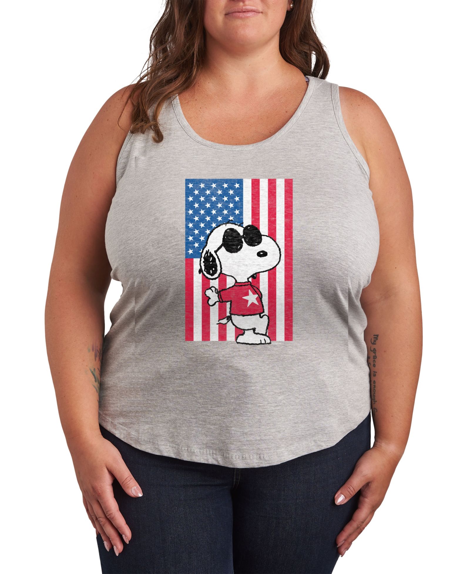 Hybrid Apparel Plus Size Peanuts Snoopy USA Flag Graphic Crew Neck Tank T-Shirt