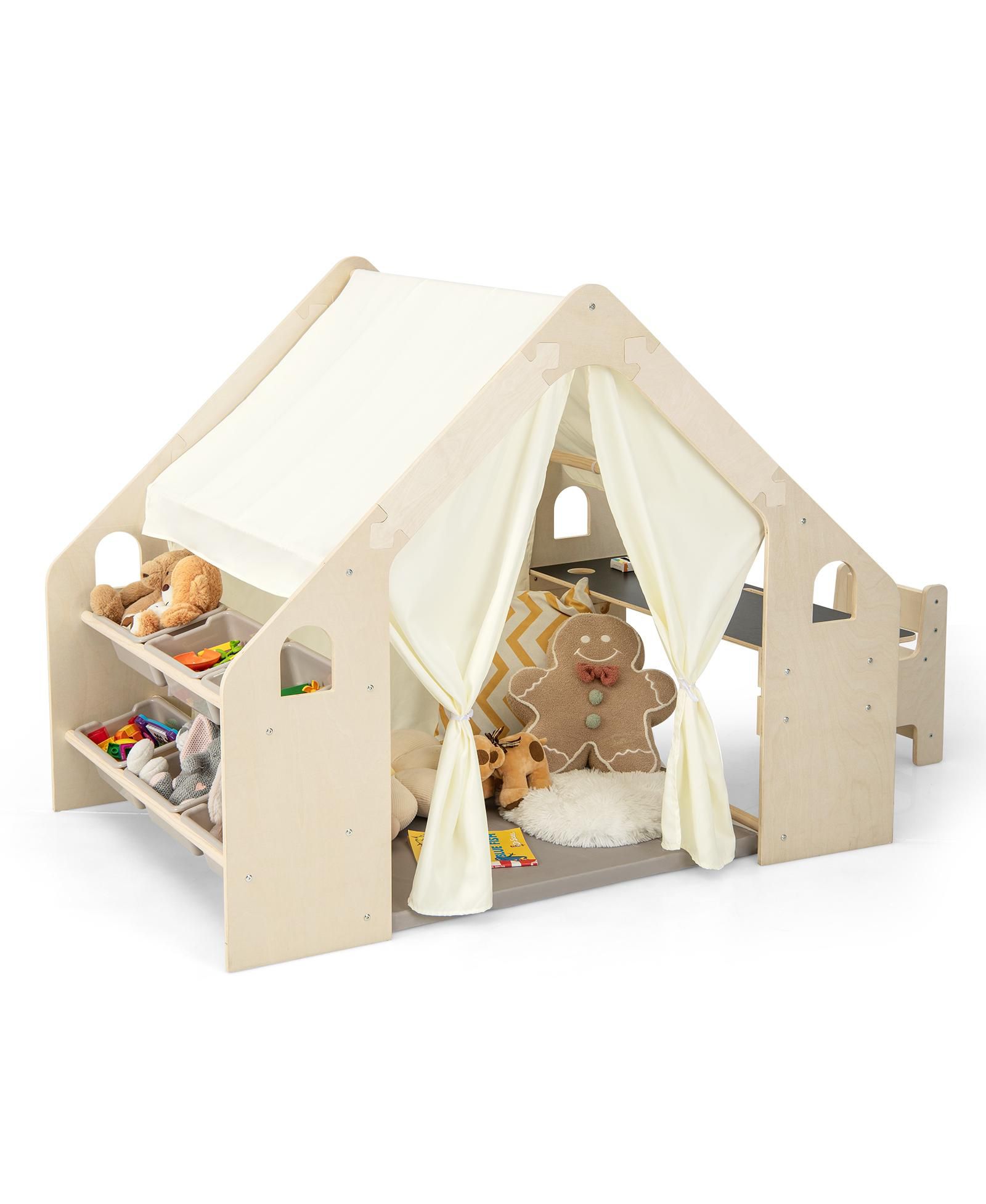 Детский 6-in-1 Play Tent Playhouse с Blackboard, 6 Storage Bins и Floor Cushion